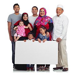 Image showing Poster, portrait and muslim family with space for advertising Islam religion with children, men and women. Islamic people and kids with banner sign for eid promotion isolated on a white background