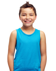 Image showing Boy, kid and smile for studio portrait, white background and isolated alone. Happy young child, model and casual kids lifestyle for healthy growth, fun youth development and happiness with confidence