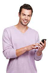 Image showing Portrait, man and smartphone for typing, search internet and guy isolated on white studio background. Male, gentleman and phone for communication, connection and social media for chatting and texting