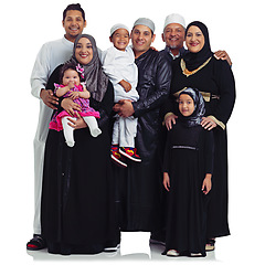 Image showing Big family, portrait and muslim women, men and children together for Islam religion love, peace and arab culture. Islamic parents, grandparents and kids together for eid isolated on. white background