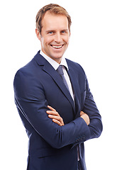 Image showing Portrait, mindset and vision with a business man in studio isolated on a white background standing arms crossed. Mission, future and growth with a male employee in a suit for corporate success