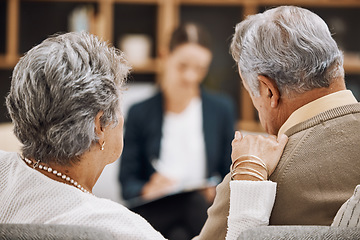 Image showing Counseling, senior couple and psychology consultation with therapist for advice, help or support. Back view, old man and elderly woman talking to psychologist, therapy service and marriage consulting