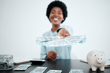 Image showing Hand, dollars and black woman with money for payment, financial investment or bribe in office. Portrait, finance or business woman offering cash for banking, deal or savings, loan or money laundering