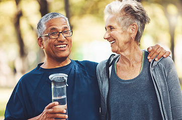 Image showing Exercise, senior couple in park and water bottle for training, workout and smile. Mature man, elderly woman and hydration for practice, cardio and energy for wellness, health and fitness in nature.