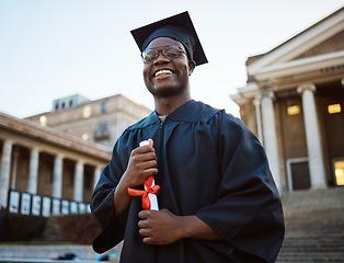 Image showing University diploma, graduation and portrait of a black man at campus to celebrate success in school. Scholarship, pride and African student with college certificate for academic achievement in USA