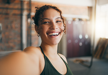 Image showing Fitness portrait, exercise and gym selfie of a woman happy about workout, training motivation and body wellness. Young sports female or athlete with a smile on social media blog for healthy lifestyle