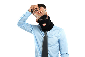 Image showing Corruption, crime and criminal mask portrait of worker hiding identity for fraud behaviour. Corporate businessman with balaclava for theft, scam or burglary on isolated white background.