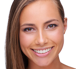 Image showing Portrait, beauty and skincare with a model woman in studio isolated on a white background for natural treatment. Face, dental and smile with a beautiful young female posing to promote oral hygiene