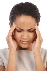 Image showing Headache, business woman and stress of a model face feeling anxiety and job burnout. White background, isolated and black woman with fatigue from work, overtime and corporate tax job problem