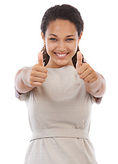 Image showing Thumbs up, satisfaction and portrait of happy black woman with emoji gesture for congratulations, job well done or winner. Agreement, finished and studio girl with yes hand sign on white background