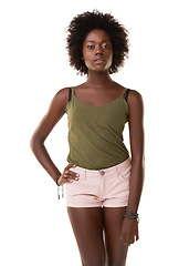 Image showing Fashion, beauty and portrait of black woman in studio on white background with trendy, stylish and casual clothes. Summer style, fashion model and female from Jamaica with confidence, pose and youth