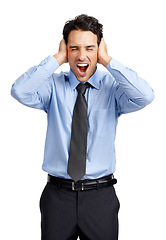 Image showing Businessman, headache and shouting frustrated with hands on head, overworked employee and angry in white background. Corporate man, burnout stress and screaming with head pain isolated in studio