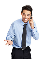 Image showing Phone call, corporate and male lawyer in a studio consulting, speaking or talking on a mobile. Happy, smile and businessman having a conversation on a cellphone while isolated by a white background.