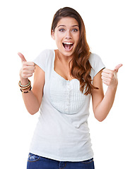 Image showing Young woman, portrait and thumbs up with motivation, wow smile and success against white background. Support, review and positive mindset with excited face, yes and agreement, OK with thank you