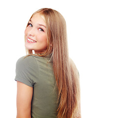 Image showing Happy, cosmetics and girl with a confident smile, beautiful and sweet on a white background. Makeup, happiness and teenage model with confidence, youth pride and long hair on a studio background