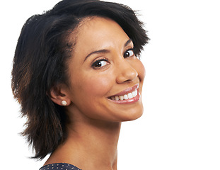 Image showing Smile, beauty and portrait of black woman on a white background for wellness, cosmetics and makeup. Skincare, natural lifestyle and face headshot of girl with big smile, confident and happy in studio