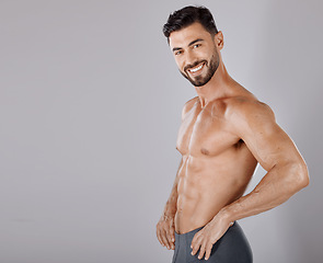 Image showing Fitness, health and beauty with portrait of man and mockup for product, muscle and sports training. Skincare, workout and exercise with bodybuilder model for power, energy and wellness in studio