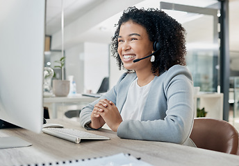 Image showing Black woman, call center and computer with CRM and contact us, phone call with customer service or telemarketing. Tech support, tech and office with communication and contact center female employee.