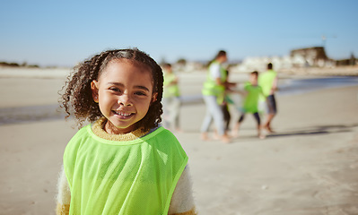 Image showing Young girl, beach cleaning and environment portrait with climate change and recycling, volunteer vest and kid clean outdoor. Face, smile and youth with sustainability, waste with pollution and mockup