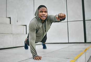 Image showing Fitness, plank and black man training in the city for a body goal, morning workout and urban cardio in Morocco. Exercise, strong and African man with sports vision, balance and strength training