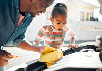 Image showing Car problem, father and teaching child to change motor oil, mechanic repair and fix family vehicle outdoor. Black man and daughter or girl learning and bonding while working on engine for transport