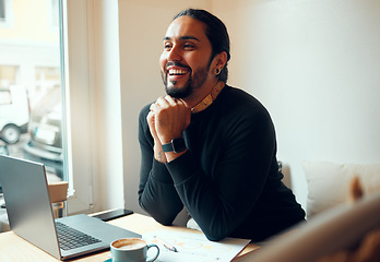 Image showing Business, laptop and man with smile, thinking or planning for digital marketing, consultant or corporate deal. Male entrepreneur, boss or agent with happiness, online research or consulting in office