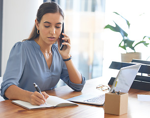 Image showing Business, woman writing and phone call in office, conversation or confirm schedule. Female employee, assistant or administrator make notes, cellphone for connection or planning for marketing calendar