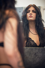 Image showing Lingerie, beauty and mirror reflection of woman with facial cosmetics, creative punk rock aesthetic and sexy erotic clothes. Underwear bra, edgy luxury fashion or face model with goth makeup eyeliner