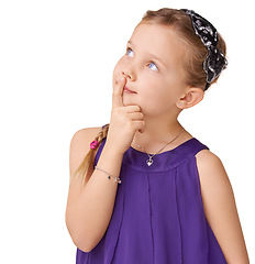 Image showing Thinking, girl and child with fashion in white background isolated planning an idea. Cute, sweet and happy kid with youth, children trendy clothes and alone to think and plan ideas with mockup