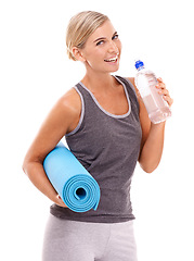 Image showing Yoga, mat and portrait of woman with water bottle for body care hydration, fitness exercise or pilates studio workout. Healthcare wellness, training and health girl drinking water on white background