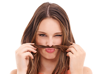 Image showing Woman, funny hair moustache portrait with natural youth beauty model in studio. White background, isolated and model with healthy hairstyle and crazy comic, silly and young face with comedy and joke