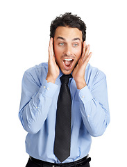 Image showing Businessman, face or shocked with mouth open on studio background for company gossip, secret news or wow discount. Corporate worker, employee or surprised facial expression on white mock up backdrop