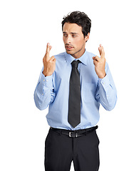 Image showing Businessman hands, anxiety or fingers crossed on studio background mockup in new job or employment opportunity. Stress, nervous or luck hand gesture in hope, worry or wish change for corporate worker