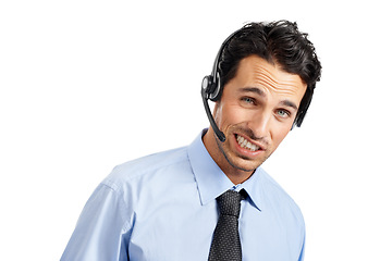 Image showing Call center, oops face or funny man consulting on contact us CRM, telemarketing or telecom communication. Business portrait, customer service or customer support consultant talking about a mistake