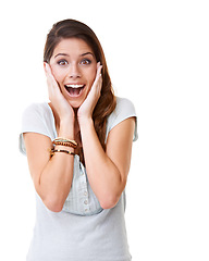 Image showing Gasp. Wow, surprise and portrait with a woman in studio on a white background saying wow or omg in an expression of shock. Happy, surprised and shoked with an attractive young female looking excited.