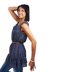 Image showing Mockup, marketing and advertising with a black woman leaning on blank space in studio on a white background. Wall, product and branding with an attractive young female standing against mock up