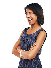 Image showing Arms crossed, pride and portrait of a black woman wink on a white background in studio. Flirty, seductive and girl with arms folded with confidence, happiness and enthusiasm on a studio background