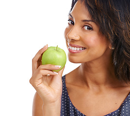 Image showing Black woman, studio portrait and apple with smile, nutrition or diet for healthy cholesterol, vitamin c or eating by backdrop. Woman, happy or green fruit for health, energy or wellness by background