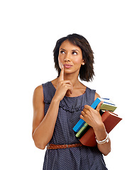 Image showing Woman is thinking with books, teacher and education with teaching and learning against white background. Academy, school and learn with reading, knowledge and study, vision and academic growth