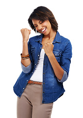 Image showing Success celebration, winner and woman in studio isolated on a white background. Face, winning or happy, amazed and excited female model celebrate victory, triumph or goal achievement with eyes closed