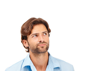 Image showing Planning, thinking and face of businessman on a white background for brainstorming, ideas and strategy. Creative leader, inspiration and male entrepreneur with vision, thoughtful and goals in studio