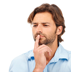 Image showing Thinking, face and business man in studio isolated on a white background. Doubt, planning and male entrepreneur, ceo or manager focus, lost in thoughts and contemplating sales or advertising ideas.