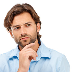 Image showing Thinking, business man and face in studio isolated on a white background. Doubt, planning and male entrepreneur, ceo or manager focus, lost in thoughts and contemplating sales or advertising ideas.