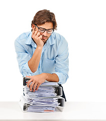 Image showing Burnout, stress and businessman with stack of paperwork on desk for deadline, corporate project and report. Ideas, vision and tired employee thinking with pile of files, papers and documents on desk