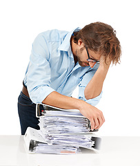 Image showing Burnout, headache and businessman with stack of paperwork for review, project and report. Thinking, stress and tired employee with pile of files, papers and documents isolated on white background