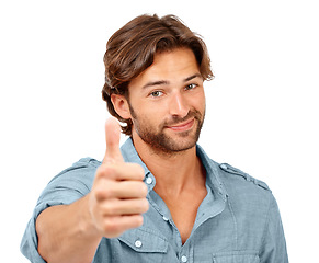 Image showing Portrait, man and thumbs up with success and hand sign, yes and thank you with feedback against white background. Happy man with agreement, OK with motivation for winner and support vote