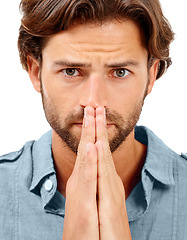 Image showing Portrait, man or anxiety and praying hands on studio background in mental health, stress burnout or nervous. Zoom, face or worried model and hope, prayer or wish gesture for good news, luck or change