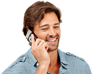 Image showing Phone call, smile and face of businessman on a white background for talking, discussion and communication. Work in studio, b2b networking and entrepreneur in conversation, business deal and planning