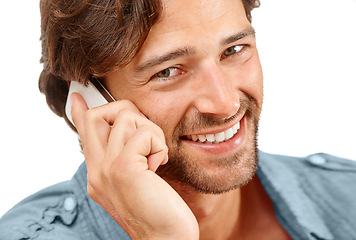 Image showing Phone call, communication and face portrait of happy man talking, speaking or studio chat to digital mobile contact. Smartphone user, conversation discussion and model networking on white background