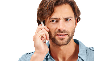 Image showing Scam phone call, confused and businessman on a white background for talking, discussion and communication. Corporate spam, networking and entrepreneur with stress, issue and problem on mobile phone